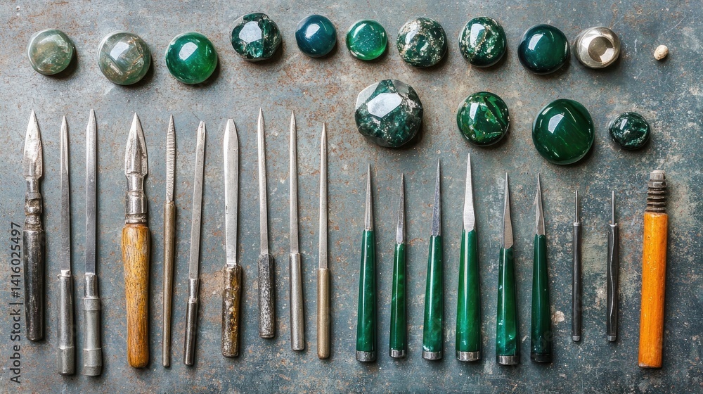 Poster selection of cabochons and faceted stones with corresponding tools laid out on a clear surface