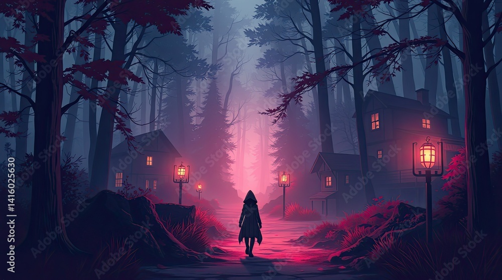 Aufkleber a lone figure wanders down a shadowy path surrounded by dim lantern light with dark trees and seclud