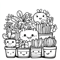 kawaii plants doodle coloring page