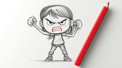 a red pencil is drawn on a white paper, and the drawing of an angry little girl holding up her fist in anger can be seen next to it. the illustration style should have simple lines and minimal details