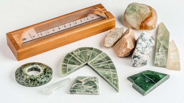Set of gemstone templates and protractors beside uncut stones, neatly arranged on white