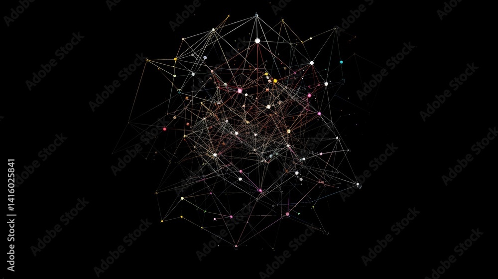 Poster dynamic abstract geometric design featuring vibrant connections and a network of colorful lines. ide