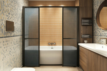 stylish bathroom interior with folding screen and tub