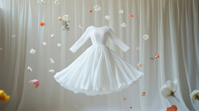 a white dress floats in the air. with petals and flowers floating around this idea smells good. from fabric softener