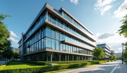 Obraz premium Modern office building reflects corporate investment in real estate. Contemporary architecture, glass facade, represents business, finance, growth, urban development. Clear sky background pro image