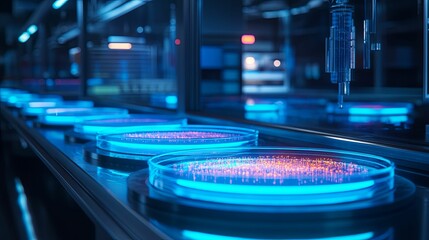 Automated biological research in a futuristic lab setting.