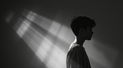 A young individual stands in profile against a dark background. Light rays pour in from an unseen window creating an atmospheric and contemplative mood