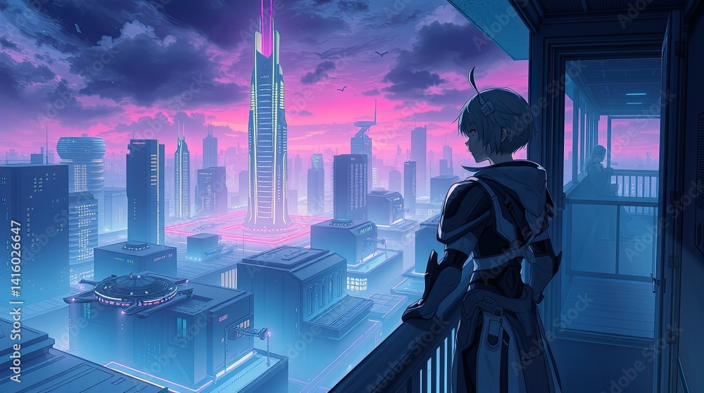 Aufkleber amidst a vibrant cityscape at dusk a figure gazes at glowing skyscrapers and futuristic architecture