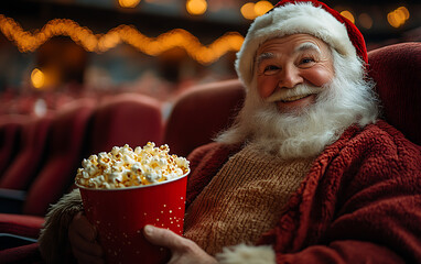 Santa Claus Enjoying Popcorn in a Movie Theater with a Joyful Smile
