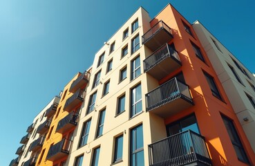 Modern building exterior with balconies. Residential apartment house with colorful facade. Urban architecture, new development real estate, residential building, city living.