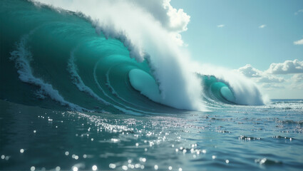 Massive turquoise wave crashes as a surfer rides beneath it, while two women stand on nearby rocks watching the ocean drama unfold. Generative, AI,