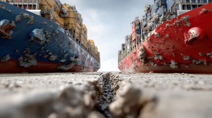 Two massive cargo ships collide, creating a deep chasm in the concrete ground, concept of intense confrontation.
