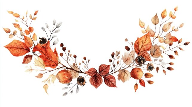 Autumnal watercolor wreath; fall leaves, berries, branches; white background; design element