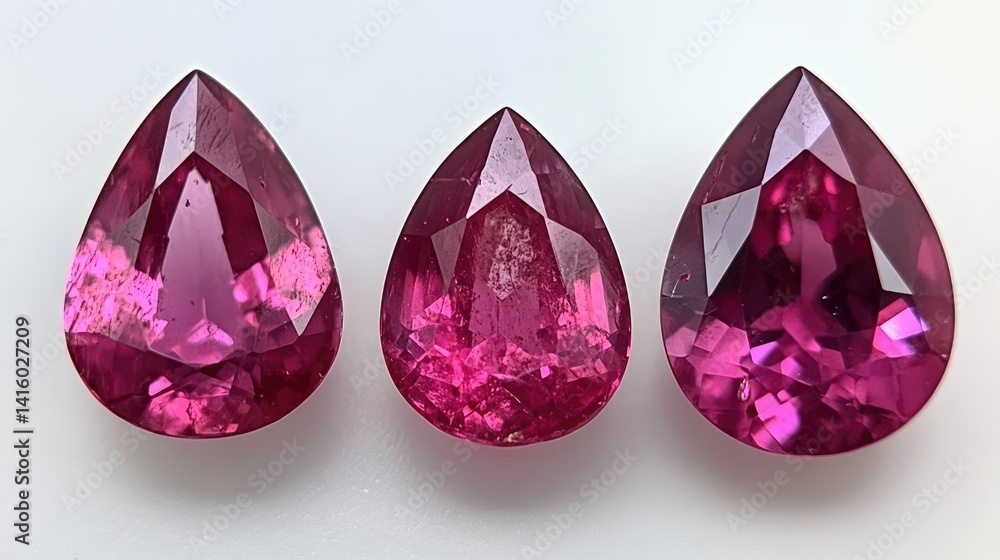 Poster trio of ruby gemstones in different cuts placed side by side on white surface