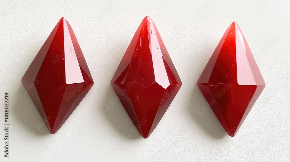 Poster trio of ruby gemstones in different cuts placed side by side on white surface