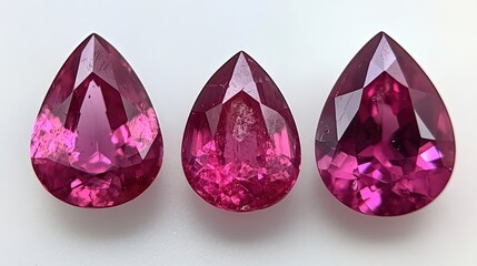 Fototapeta premium Trio of ruby gemstones in different cuts placed side by side on white surface