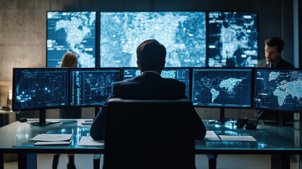 Government agency analysts are working in a high tech office analyzing data on multiple computer screens displaying sensitive information like world maps and network topologies