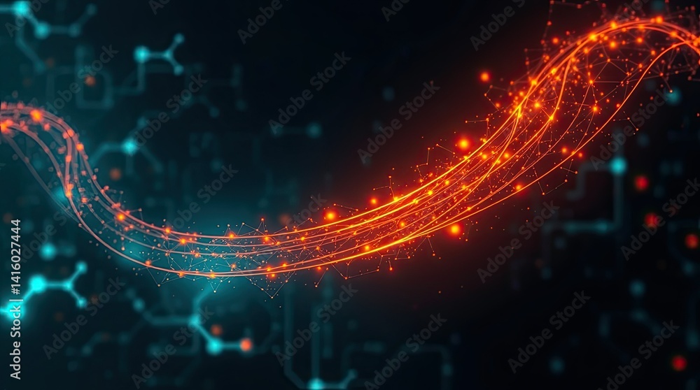 Poster a dynamic wave of bright orange particles moves fluidly through a dark technological backdrop filled
