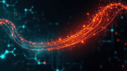 A dynamic wave of bright orange particles moves fluidly through a dark technological backdrop filled with abstract shapes and connectivity lines