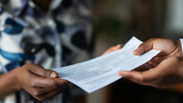 Document handover between two african descent colleagues in a blurred office setup