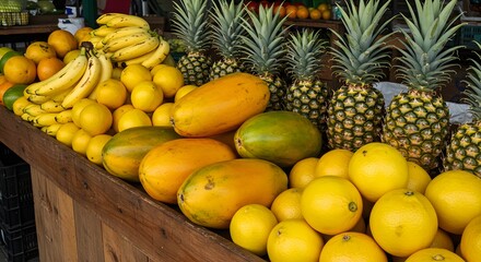 A vibrant market display of fresh tropical fruits in a colorful and inviting arrangement.