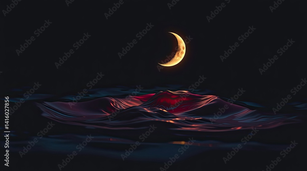 Poster a crescent moon hangs in a dark sky above gently rippling waves reflecting a soft pink glow creating