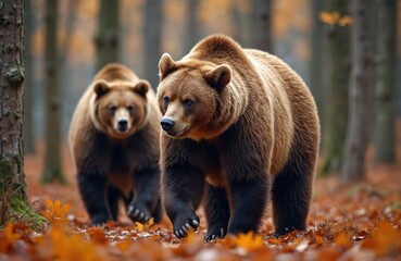 Obraz premium Two brown bears in autumn forest, walking towards. Majestic big mammal in natural habitat. Wild grizzly bears. Forest floor with fallen colorful leaves, trees in background. Autumn season, fall