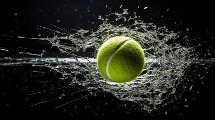 A tennis ball breaks a tennis net at high speed. AI Generated