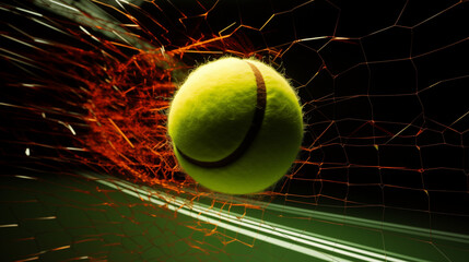 A tennis ball breaks a tennis net at high speed. AI Generated