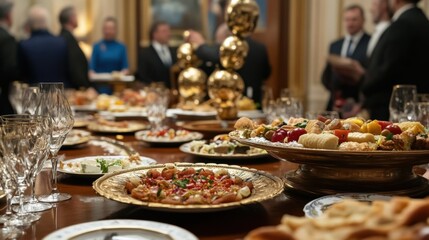 Fototapeta premium Crystal glasses and plates with gourmet food are set on a long table at a formal state dinner, politicians and staff are talking in background