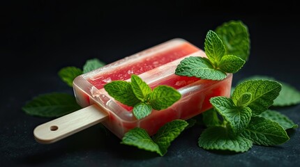 A vibrant popsicle made with fruit presented alongside fresh mint leaves creating a refreshing treat perfect for warm weather