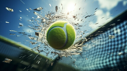 A tennis ball breaks a tennis net at high speed. AI Generated