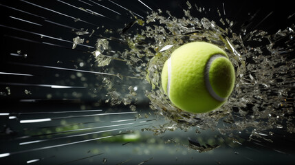 A tennis ball breaks a tennis net at high speed. AI Generated
