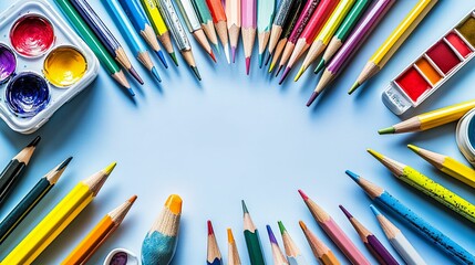 Colorful art supplies arranged in a circular pattern on a light blue surface.