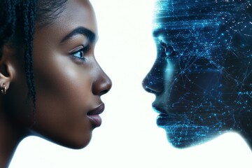 African young female facing digital avatar with futuristic interface and network overlay