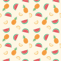 Illustration of a repeated pattern of randomly scattered tropical fruits. Stylized line art.