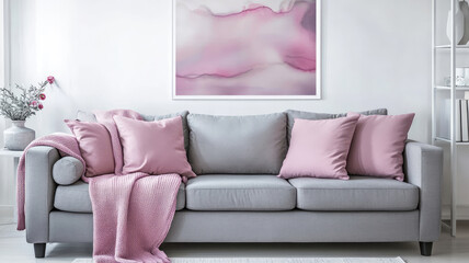 grey sofa with pink pillows and blanket against white wall with abstract art poster. interior design of modern living room.
