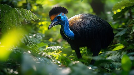 Fierce cassowary striding through the Australian rainforest its bright blue head and massive claws standing out in the lush greenery ultra HD wildlife scene
