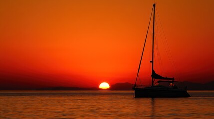 Sunset sailboat silhouette, ocean, island backdrop, travel poster