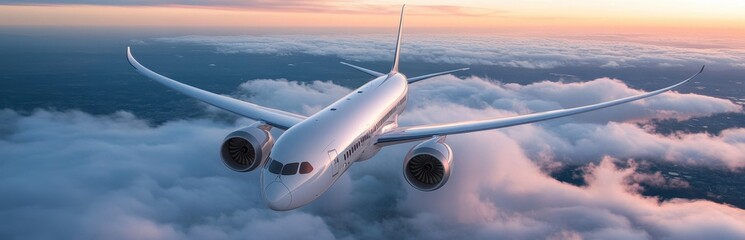 Fototapeta premium A stunning airplane soars above the clouds during a vibrant sunset, showcasing the beauty of flight and the serenity of the sky. Perfect for travel themes.