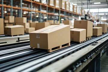 conveyor belt in a distribution warehouse with row of cardboard box packages for e-commerce delivery and automated logistics concepts as wide banner with copysapce area