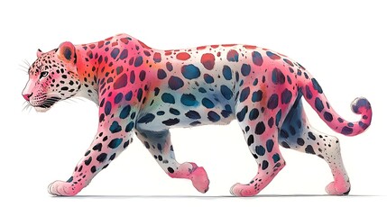 Colorful Leopard Illustration Walking On White Background With Pink And Blue Spots Photo