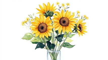 Obraz premium Vibrant Watercolor Sunflowers Bouquet Floral Summer Yellow Design Art Happy Image Decor Plant Nature