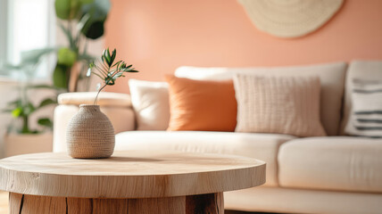minimal living room with wooden coffee table near sofa close-up. interior in trendy peach colors