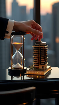 Tuxedo wrist turns platinum-sand hourglass beside gold penthouse model on lacquer table. LED lighting creates stark luxury contrasts.