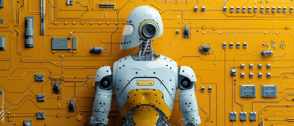 Poster robotic fragment surrounded by electronic components on a vibrant color background. top view of mach