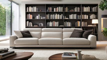 modern living room modern style industrial-inspired, precise and elegant. large bookcase behind the sofa and very bright