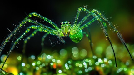 A vibrant green jumping spider, covered in glistening water droplets.