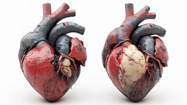 Healthy and diseased human hearts side-by-side.