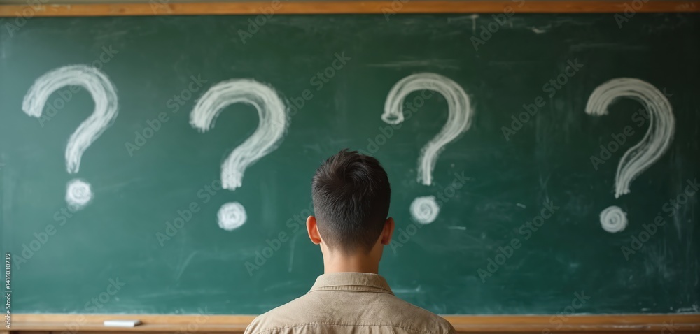 Poster man facing chalkboard with four question marks. question marks drawn with chalk on green blackboard.